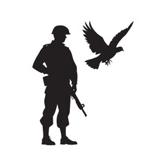 Soldier With Hawk Flying Above Silhouette