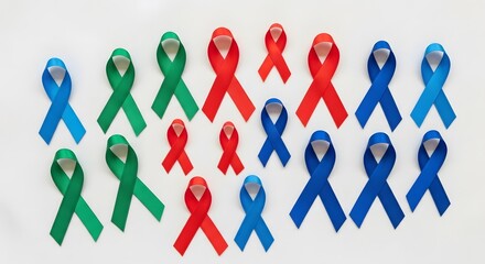 A collection of red, green, and blue awareness ribbons in various sizes, neatly arranged and pinned to a white background.
