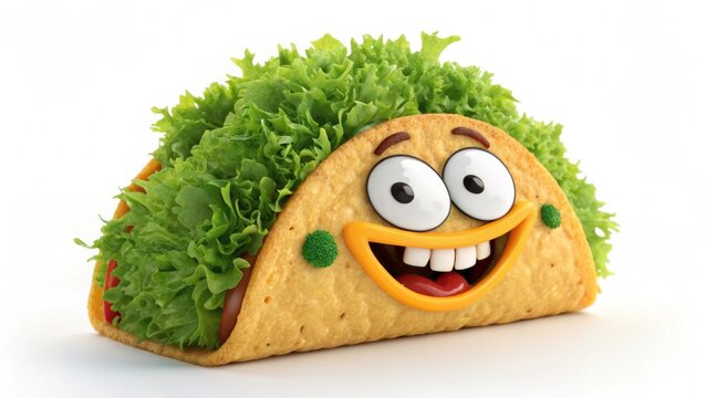 A cartoon taco with lettuce and a happy face on a white background in a studio shot image - Powered by Adobe