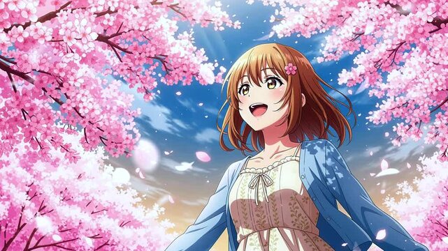 Seamless Looping Anime Girl Cherry Blossom Timelapse