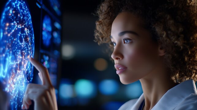 Medical researcher reviewing holographic brain interface data on advanced digital screen within dimly lit scientific laboratory workspace,Medical researcher