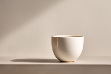A single white ceramic cup on a matte neutral surface, with soft natural light
