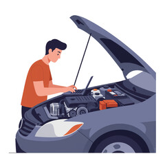 Mechanic Diagnosing Car Engine with Laptop