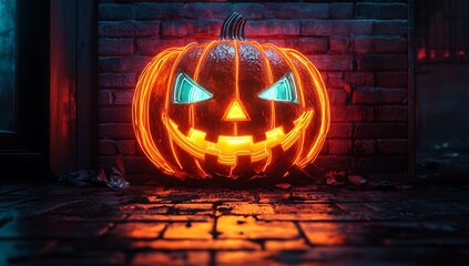 Glowing neon jack o lantern with teal eyes against brick wall Halloween pumpkin