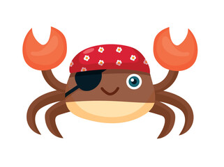 Pirate crab. Flat vector clipart, illustration with isolated background.