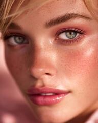 Obraz premium A woman with a pinkish face and green eyes. She has a pinkish lip color