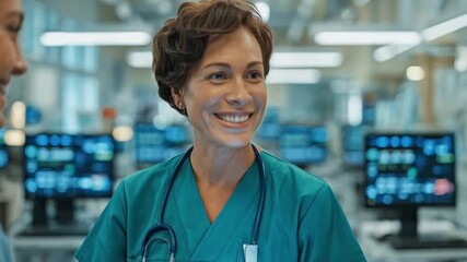 Experienced doctor confidently leads healthcare team discussing patient data on tablet in modern hospital setting - Powered by Adobe