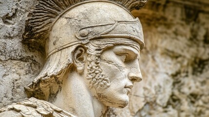 Obraz premium Ancient Roman Warrior Sculpture Profile: Weathered Stone Helmet and Intricate Details