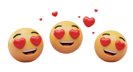 3D Rendered Happy Yellow Emojis with Red Heart Eyes and Love Hearts