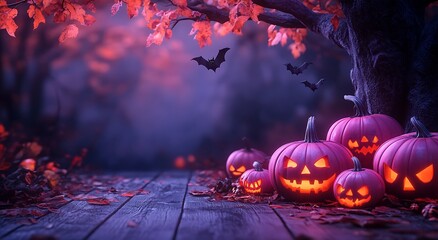 Glowing purple Halloween pumpkins and bats under autumn tree jack o lantern spooky