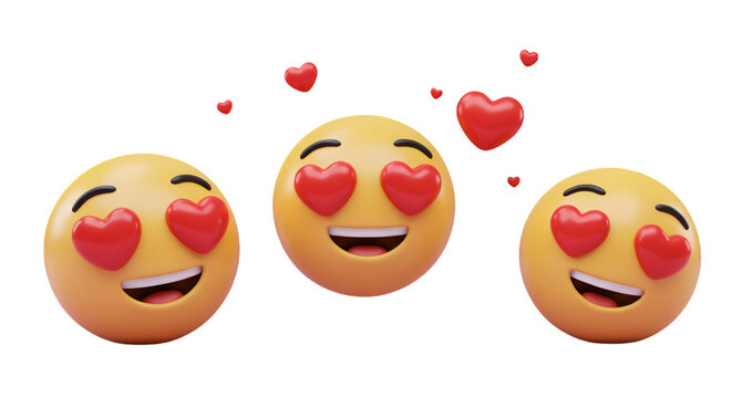 3D Rendered Happy Yellow Emojis with Red Heart Eyes and Love Hearts