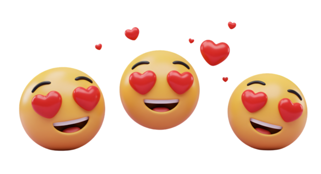 3D Rendered Happy Yellow Emojis with Red Heart Eyes and Love Hearts