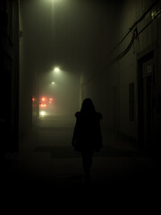 Woman walking alone down a misty alley at night, foggy city street, silhouette of woman, dark and eerie atmosphere, fear and loneliness concept, vertical composition