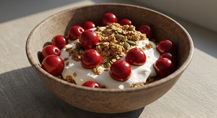 Cherries in a bowl with yogurt and granola, healthy breakfast concept