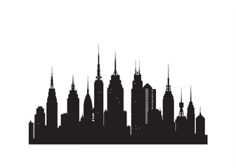 Fototapeta premium Black Silhouette of a Modern Urban Skyline Against White Background with Various Shaped Skyscrapers and Towers