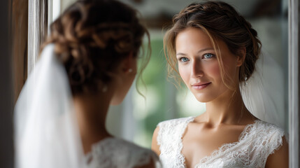 Naklejka premium Bride in Wedding Dress Gazing into Mirror with Natural Light