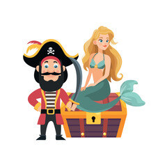 Pirate and the Mermaid. Flat vector clipart, illustration with isolated background.