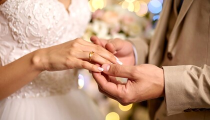Close-up of wedding couple exchanging rings