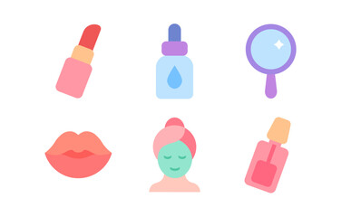 Flat Beauty Tools Icon in Pastel Colors. Cartoon Cosmetic Illustration: Lipstick, Serum, Mirror, and Spa Icons. Beauty Icon Set for UI Design, Makeup Apps, and Skincare Branding.