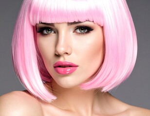 Close-up of a woman with pink hair and makeup