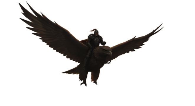 A Warrior Riding A Powerful Eagle Flying Over Isolated Background Illustration