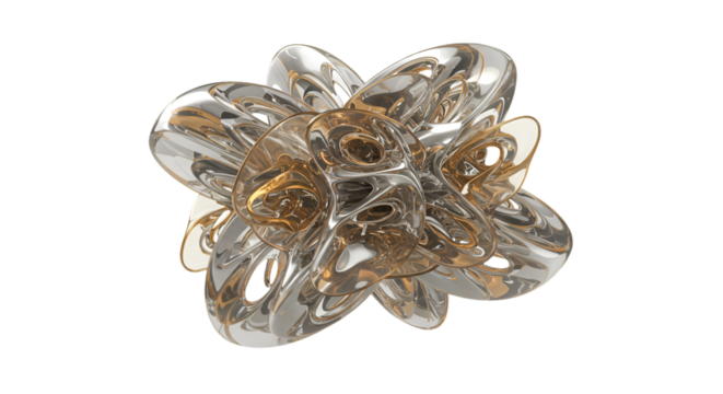 Abstract 3D Metallic Gold and Silver Shape Isolated on Transparent Background