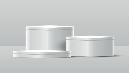 Realistic 3d white square packaging containers on grey background for product mockup or branding use	