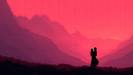 Silhouette of mother and child on mountaintop at sunset