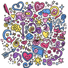 Abstract Doodle Heart Design Illustration With Colorful Hearts on Black PNG