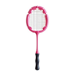Pink badminton racket against a black background.