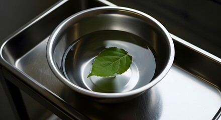 A single green leaf floats in a reflective stainless steel bowl filled with clear water, resting on a metal surface.