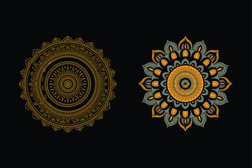 Naklejka premium Vector pattern illustration of a golden sun mandala design with circular floral ornament gear elements and decorative frame symbol