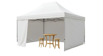 3D Rendered White Tent with Wooden Table and Stools Isolated Background