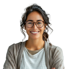 Fototapeta premium A smiling woman with dark curly hair wearing glasses and a light beige cardigan. background removed