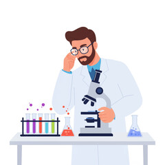 Scientist Examining Microscope with Colorful Test Tubes