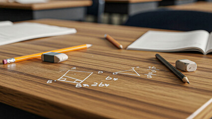 Classroom Desk: Geometry Equations, Pencils, Erasers, Notebooks, Study Session
