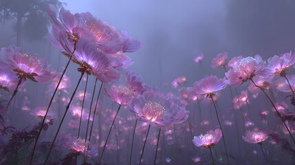 Dreamy enchanted garden with floating glowing flowers in soft pink and violet mist