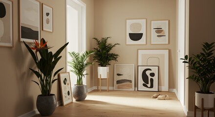 Modern entryway scene with potted plants, framed artwork, and neutral walls — aspirational lifestyle tone.
