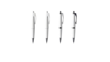 Four white pens standing upright against a stark black background studio shot