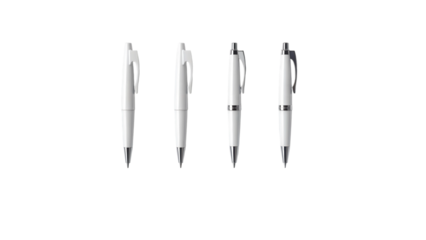 Four white pens standing upright against a stark black background studio shot
