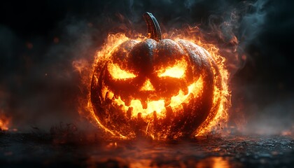 Jack O Lantern pumpkin engulfed in flames with glowing eyes and mouth halloween fire 1