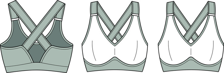 Cross back sports bra vector, flat fashion cad drawing, technical sketch, activewear design, fitness apparel front and back view
