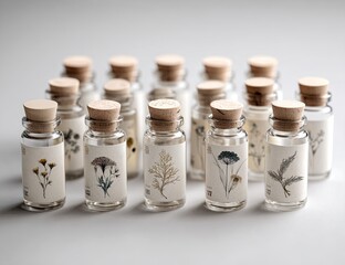 Small glass bottles, cork tops, botanical prints