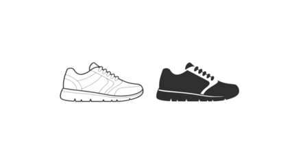 Two athletic shoes one gray and pixelated one black on a black background
