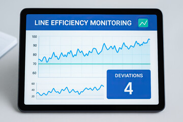 Line efficiency monitoring displayed on digital tablet showing upward trending graphs and deviation count, representing productivity and performance analysis in modern workspace