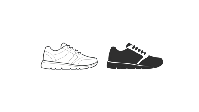 Two athletic shoes one gray and pixelated one black on a black background