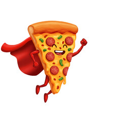 A Superhero Pizza Illustration In Red Cape Happy And Smiling With Transparent Background