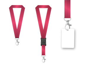 Badges Lanyard design. Identification card with ribbon. Metal closure and card with plastic. Accreditation for events congresses and companies. Vector