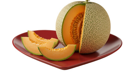 A Photo Of A Cut Fresh Melon On A Red Plate Isolated On Transparent Background