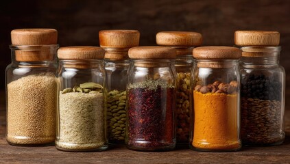 Glass jars filled with various spices